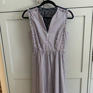 Sandro Seersucker lace-back high low striped dress with ruffle trim